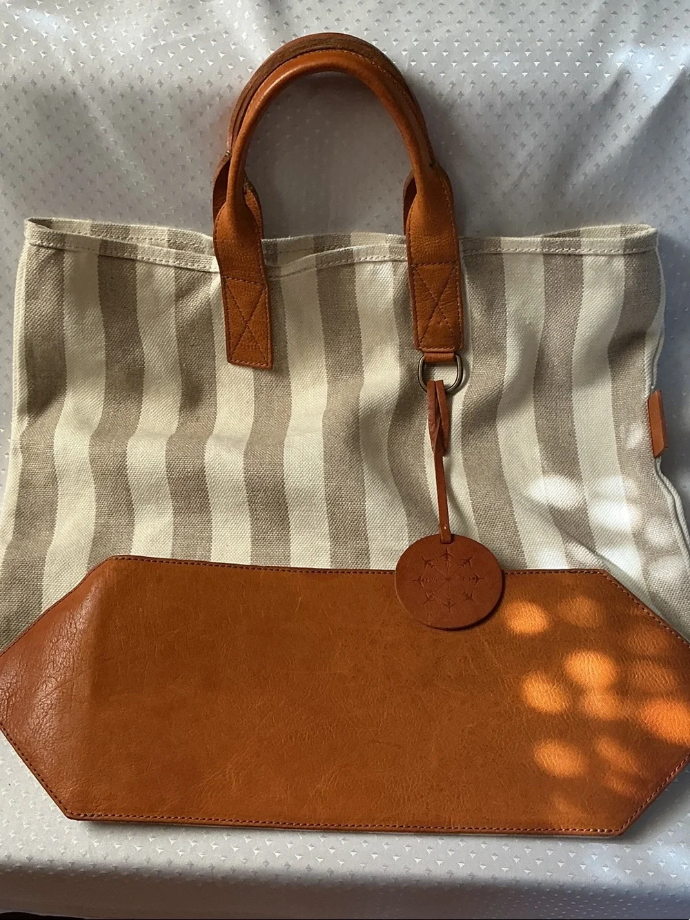 Canvas Stripe Tote with Tan Leather Handles